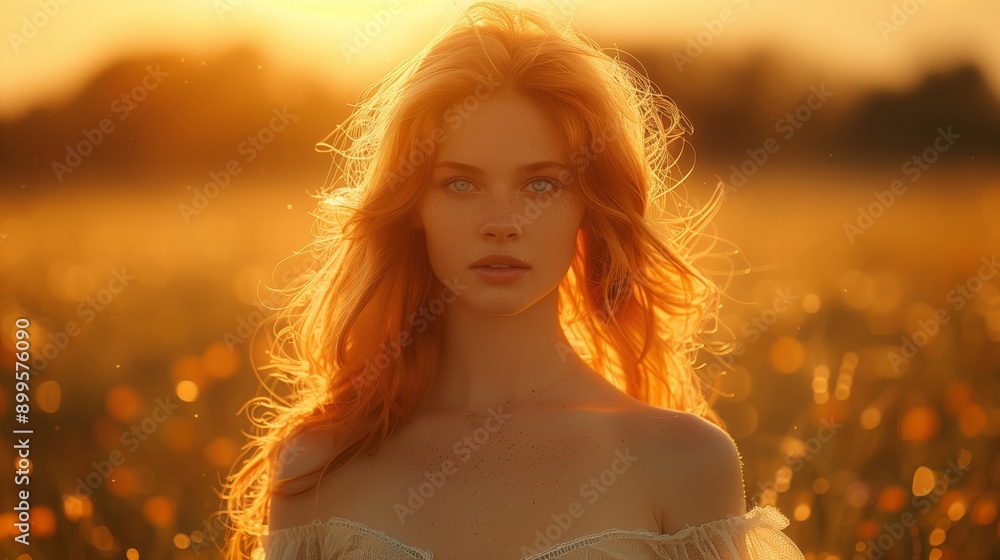 Young redhead woman on a flowers field, golden hour Young redhead woman on a flowers field, golden hour