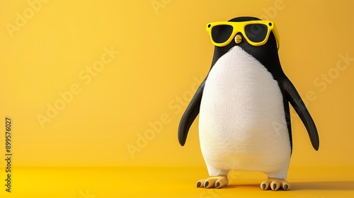 3d illustration of cute happy penguin wearing yellow sunglasses, smiling and looking at camera, on solid background 