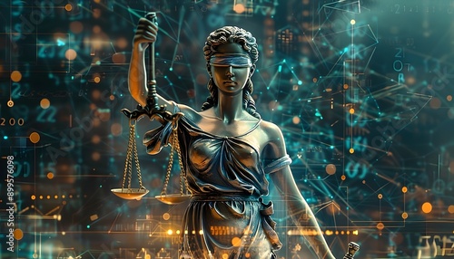 Statue oder Standbild der personalisierten Gerechtigkeit, Justizia in Bronze im Cyberspace