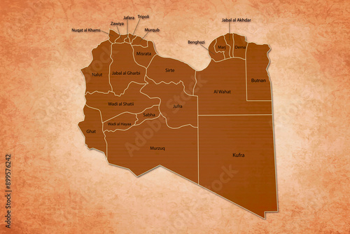 Libya Map. Libya Map with federal states in A vintage Color Texture Background