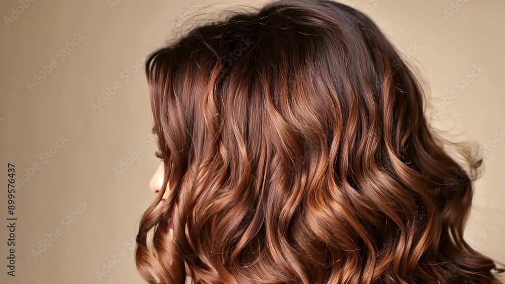 Rich chestnut brown hair with soft waves styled in a cozy indoor setting Rich chestnut brown hair with soft waves styled in a cozy indoor setting