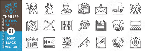 A set of line icons related to thriller. Movie, suspense, adventure, cinema, vintage, horror, production, map, detective, crime, and so on. Vector outline icons set.