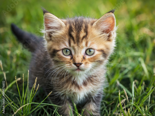 Adorable cat on a green grass outdoors.