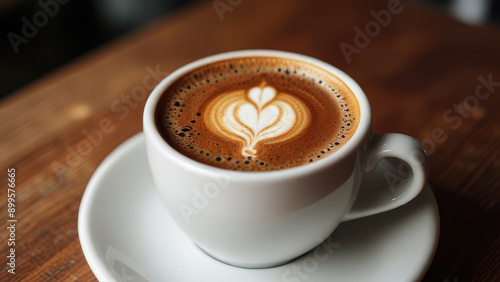 Coffee drink in a white ceramic cup on wooden table.