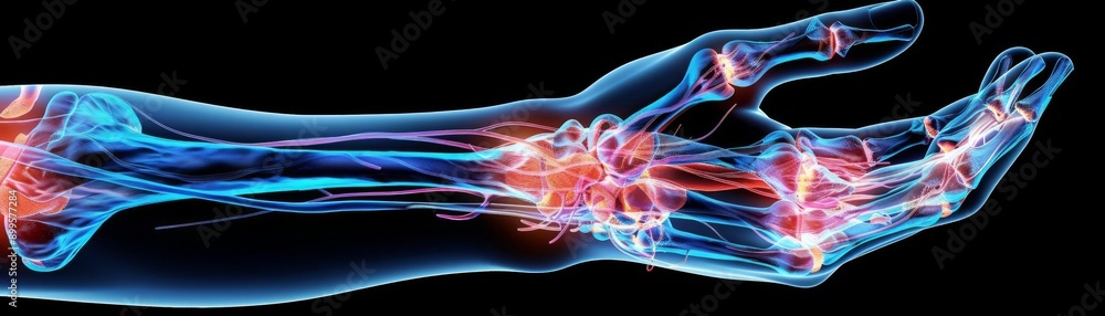 A glowing digital representation of a human arm, showcasing intricate muscular details and energy flow in a futuristic style. A glowing digital representation of a human arm, showcasing intricate muscular details and energy flow in a futuristic style.
