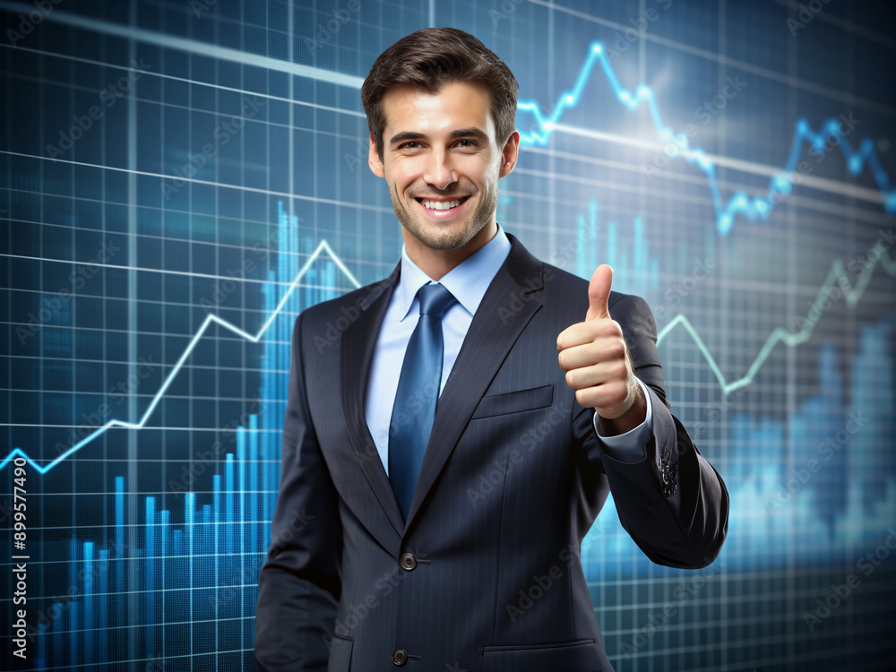 Confident entrepreneur stands in front of a financial market graph displaying profitable trends and upward momentum, giving a thumbs up to celebrate success. Confident entrepreneur stands in front of a financial market graph displaying profitable trends and upward momentum, giving a thumbs up to celebrate success.