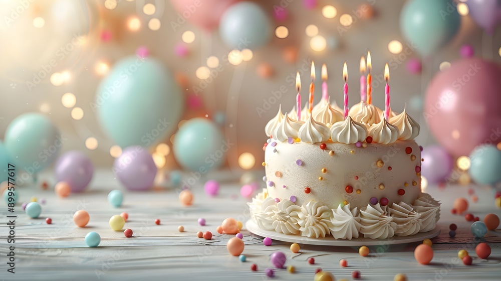 Birthday cake with candles, colorful balloons, light beige background, minimalist setting, white wooden table, pastel colors, soft lighting, celebratory mood. Birthday cake with candles, colorful balloons, light beige background, minimalist setting, white wooden table, pastel colors, soft lighting, celebratory mood.