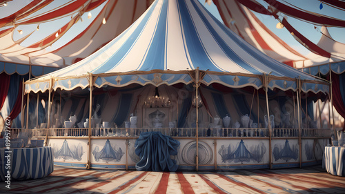 circus tent made of porcelain with blue drawings, unreal engine render, hyper-realistic, 8k photo