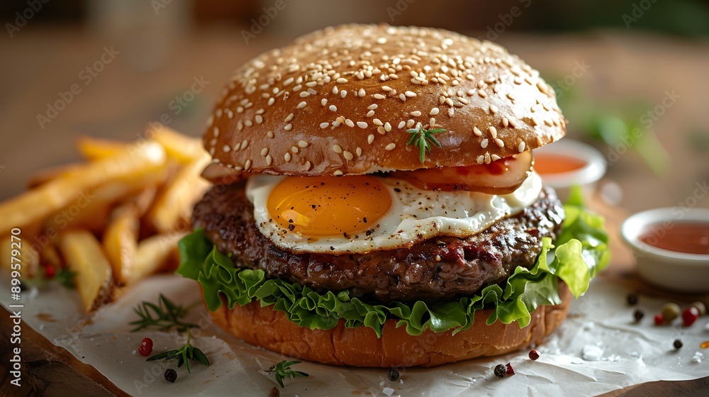 Gourmet burger with fried egg, sesame seed bun, beef patty, lettuce, french fries, side sauces, white marble table surface, food photography, high-resolution, warm lighting. Gourmet burger with fried egg, sesame seed bun, beef patty, lettuce, french fries, side sauces, white marble table surface, food photography, high-resolution, warm lighting.