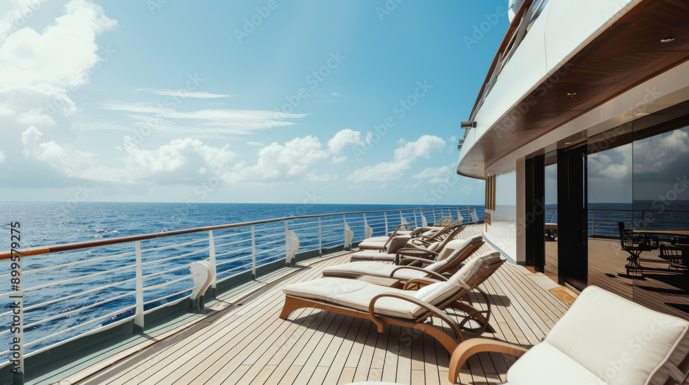 Fototapeta premium A sun-drenched cruise ship deck with arranged lounge chairs facing an endless expanse of the blue ocean under a brilliant sky.