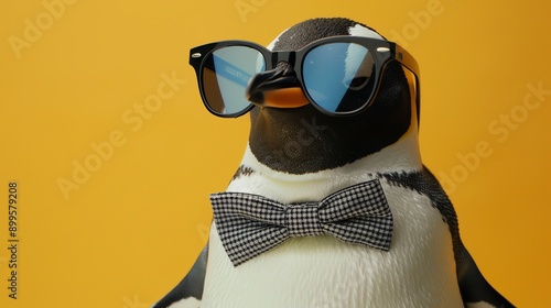 A penguin wearing sunglasses and a bow tie in front of a yellow background.