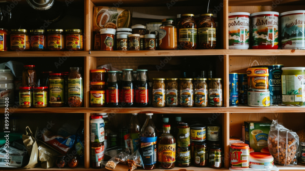 A well-stocked pantry with neatly arranged jars and cans on wooden shelves, showcasing a variety of preserved food items. A well-stocked pantry with neatly arranged jars and cans on wooden shelves, showcasing a variety of preserved food items.