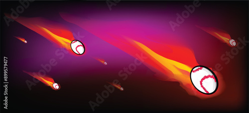 Burning baseballs flying through the air leaving a trail of fire