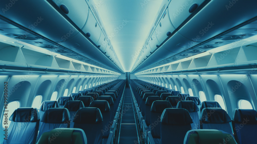 Fototapeta premium A softly illuminated airplane cabin showcasing dark seats in aligned rows, conveying an ambience of tranquility and sophistication.