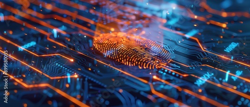 Foresight into biometric security concepts with digital identity, featuring a fingerprint on a circuit board background, showcasing advanced cyber technology and data protection