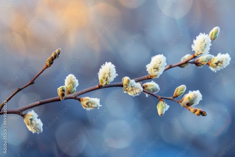 Soft white blossoms on willow twigs in the early spring season Soft white blossoms on willow twigs in the early spring season