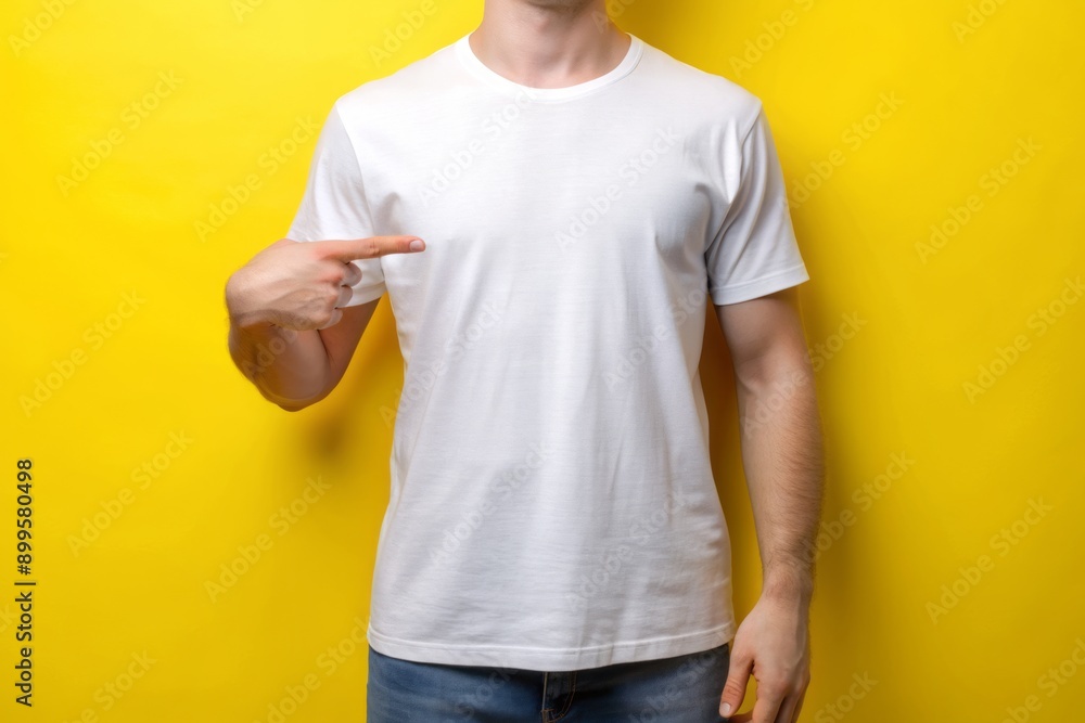 Naklejka premium Yellow background with folded blank white t-shirt, perfect for custom design and print, featuring a mockup for creative and stylish apparel branding opportunities.