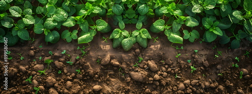 Young shoots and sprouts of leafy vegetables growing in soil, top view, banner, copy space. Agriculture and gardening, organic farming concept, sustainability, nurturing, care