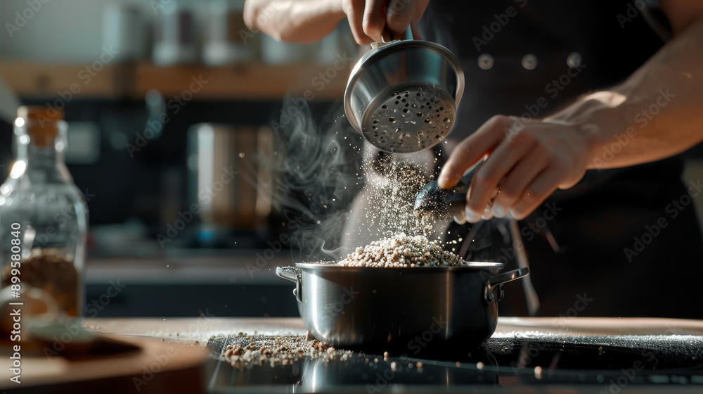A chef's hands carefully adding spices into a steaming pot on a stovetop, creating an aromatic cloud in a cozy, rustic kitchen. A chef's hands carefully adding spices into a steaming pot on a stovetop, creating an aromatic cloud in a cozy, rustic kitchen.