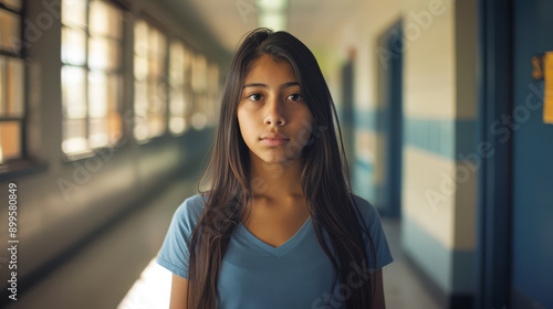 A young girl stands in a school hallway, looking forward with a pensive expression, the soft light casting a contemplative mood. Free Download A young girl stands in a school hallway, looking forward with a pensive expression, the soft light casting a contemplative mood. - GFXLoad