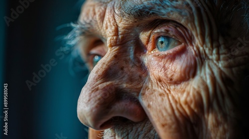 A close examination of the elderly man's face displays deep lines and expressive features, reflecting his wealth of wisdom and experiences, illuminated by natural light © Ilia Nesolenyi