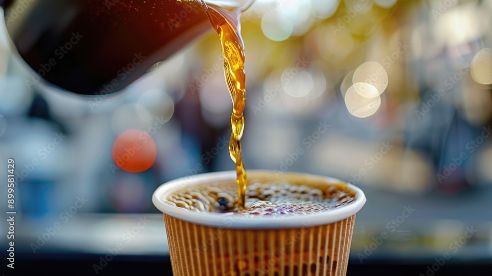 Naklejka premium Selective focus on coffee pouring into a paper cup at a sidewalk cafe