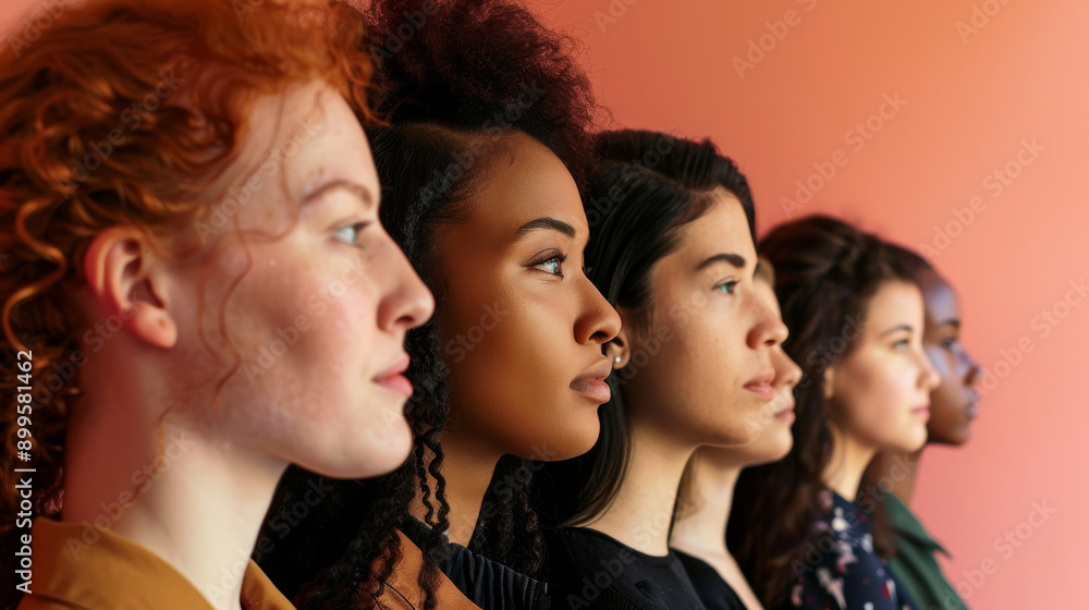 Obraz premium A diverse group of women stand in profile against a gradient orange background, looking determined and united in purpose.