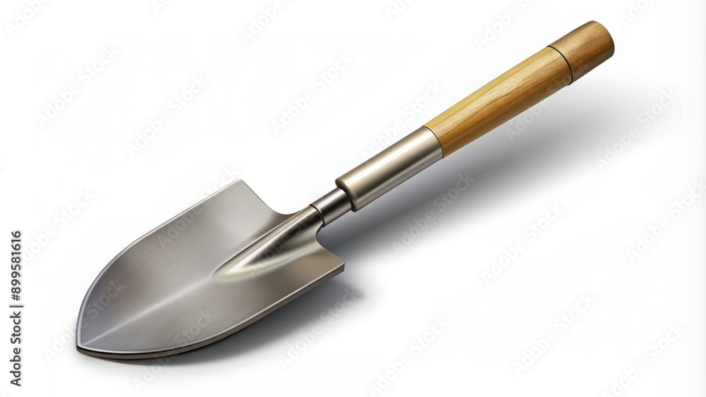 Fototapeta premium A sturdy metal shovel with a curved blade and wooden handle stands upright against a transparent background, casting a subtle shadow, ready for heavy lifting.