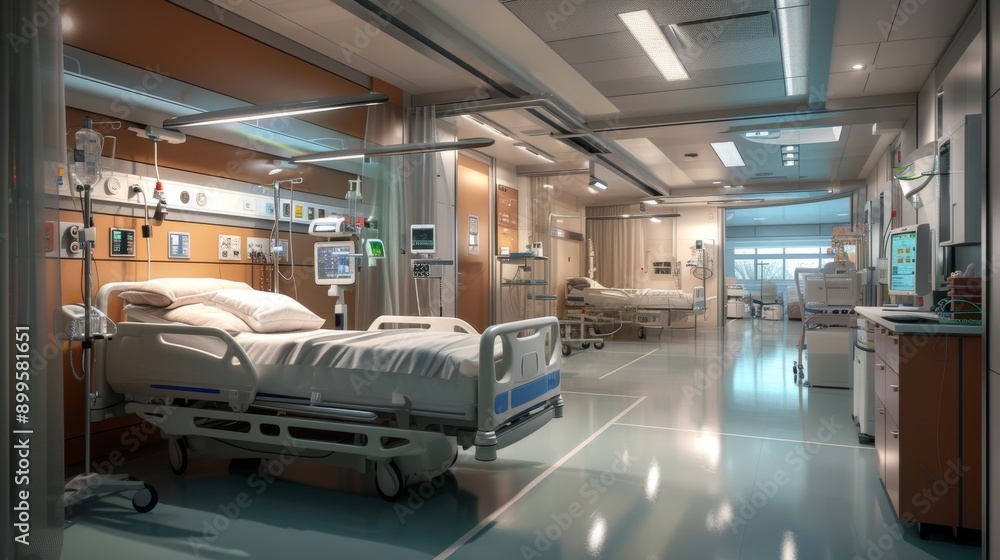 Obraz premium A modern hospital ward showcasing advanced medical equipment and empty beds, designed with a focus on functionality and patient care. The clean, organized environment provides a professional backdrop