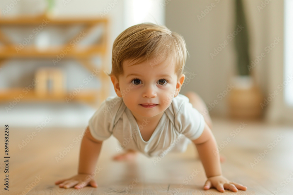 Closeup of a young toddler boy doing a push-up exercise on a parquet floor in a home interior. Child fitness training, early childhood workout, healthy lifestyle, indoor physical a Closeup of a young toddler boy doing a push-up exercise on a parquet floor in a home interior. Child fitness training, early childhood workout, healthy lifestyle, indoor physical a