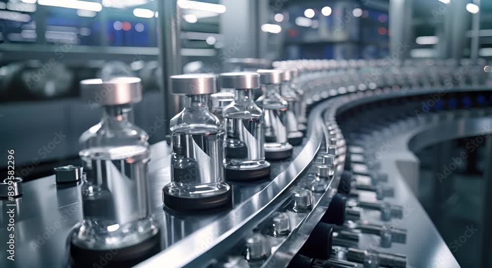 A conveyor belt with many bottles on it A conveyor belt with many bottles on it