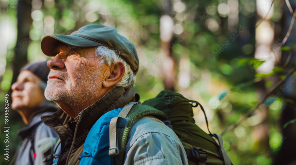 Obraz premium Two senior men enjoying a serene hike through a lush forest, appreciating the tranquility and beauty of nature with an emphasis on wellness and companionship.