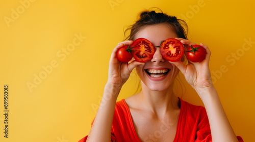 A cheerful woman in a red shirt playfully holding two tomato halves over her eyes, laughing against a bright yellow background.
