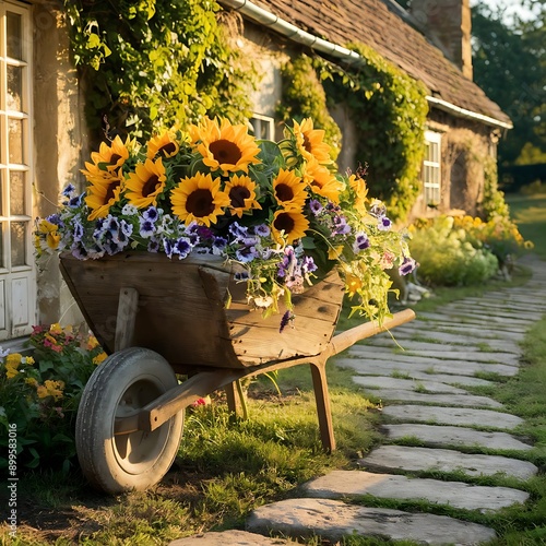 An aged wooden wheelbarrow brimming with lush, blooming sunflowers and delicate petunias, resting beside a rustic stonepathway that leads to a cozy, ivy-covered cottage photo