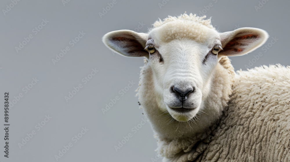 Obraz premium A close-up of a sheep with detailed wool and inquisitive eyes set against a muted background, capturing its serene expression.