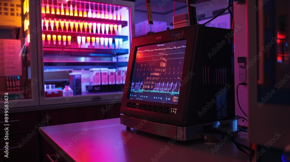DNA sequencing machine with a helix displayed on its screen DNA sequencing machine with a helix displayed on its screen