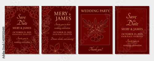 Set of elegant minimalist red floral vertical a4 posters, wedding invitation, abstract frame or pattern with leaves and berries. Vector illustration for postcard, banner, flyer, party, celebration