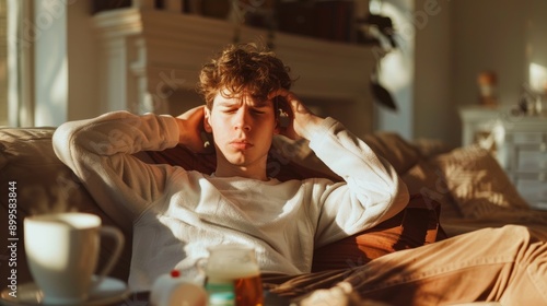 A young man sits on a couch, holding his head, with a hot water bottle beside him, enjoying a moment of relaxation in a sunlit room