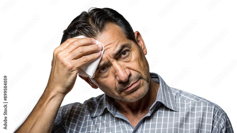 A worried looking man wipes sweat from his forehead with a cloth. A worried looking man wipes sweat from his forehead with a cloth.