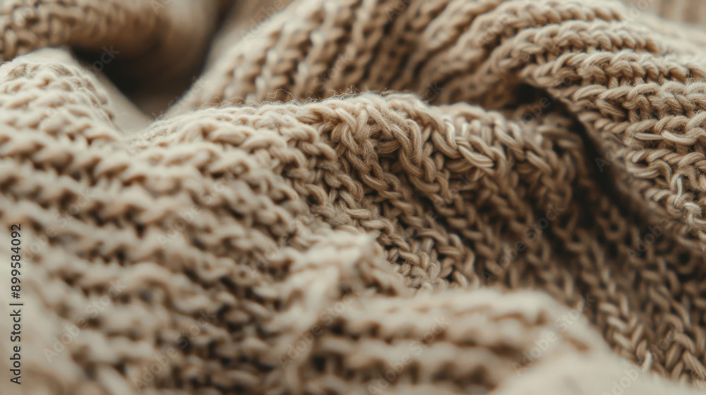 Detailed close-up of a knitted fabric, showcasing the texture and pattern of the beige yarn. Detailed close-up of a knitted fabric, showcasing the texture and pattern of the beige yarn.