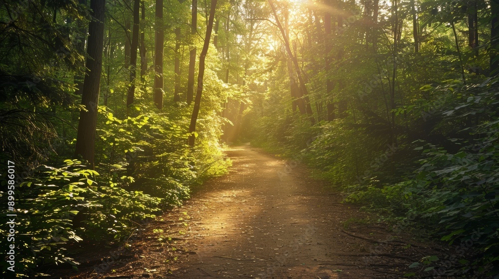 Obraz premium Sunlit forest pathway with dappled light, natural and inviting, peaceful nature walk