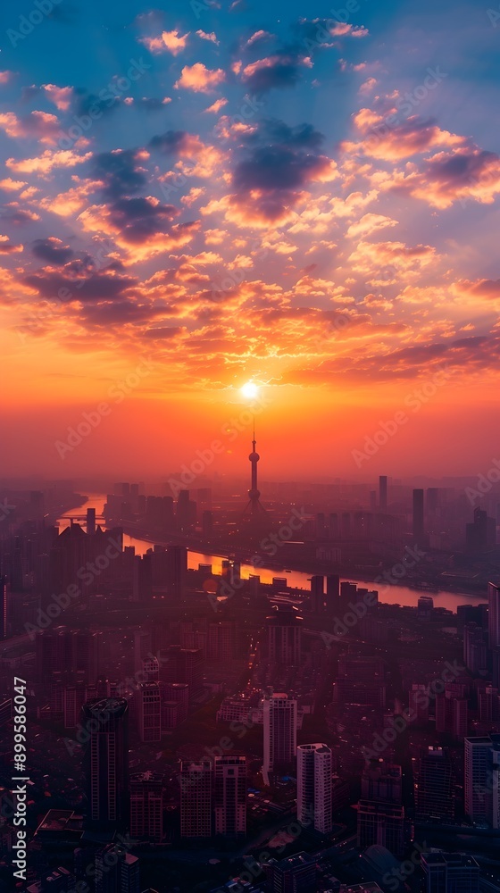 Fototapeta premium Vibrant Sunrise over Spectacular City Skyline Representing New Opportunities and Fresh Starts in Urban Life