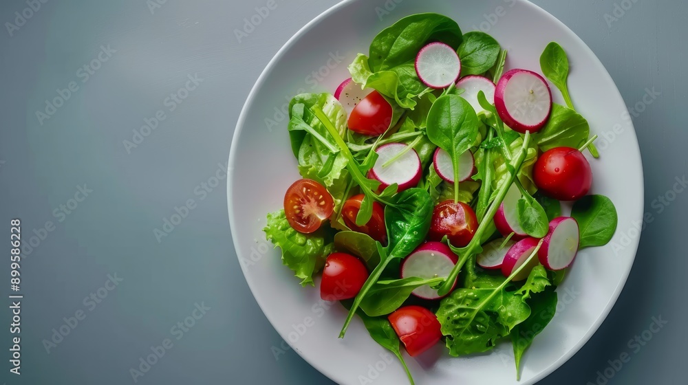 Simple salad bowl with fresh vegetables on a white plate, emphasizing health and nutrition with clear, sharp details, minimalist culinary wellness Simple salad bowl with fresh vegetables on a white plate, emphasizing health and nutrition with clear, sharp details, minimalist culinary wellness