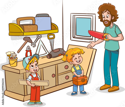Woodwork master class with children and carpenter teacher vector illustration. Cartoon man teaching little boy and girl to work with wood, making or repairing dog house background. Education concept