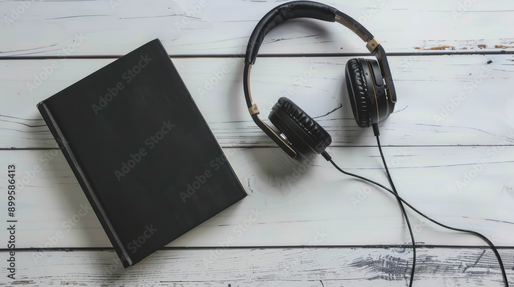 A black book and a pair of headphones lying on a white wooden surface, embodying a cozy, minimalist aesthetic. A black book and a pair of headphones lying on a white wooden surface, embodying a cozy, minimalist aesthetic.