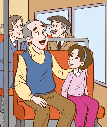 People in bus vector posters set. Urban public transport interior, sitting passengers.father and daughter.grandfather and grandson ride bus