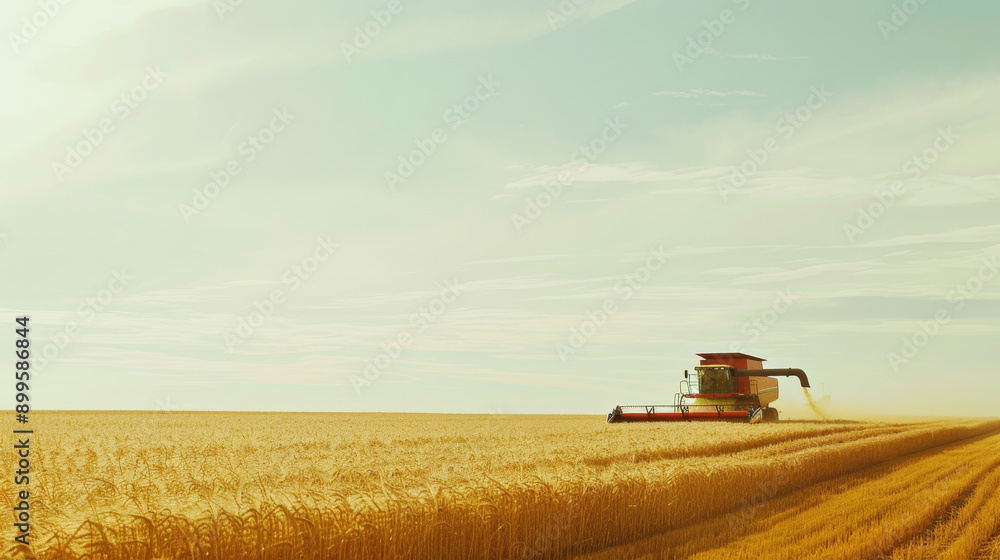 Fototapeta premium A lone combine harvester operates in a vast golden wheat field under a clear sky, symbolizing agricultural work and harvest season.