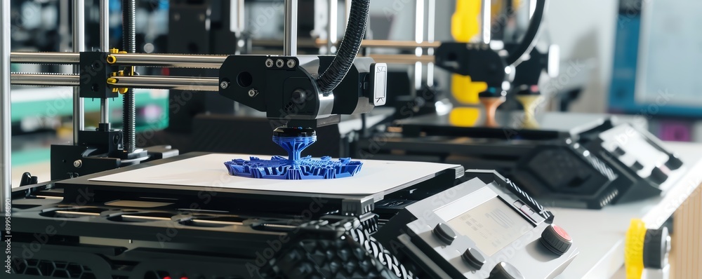 Fototapeta premium Close-up of a 3D printer in operation, creating a blue object.