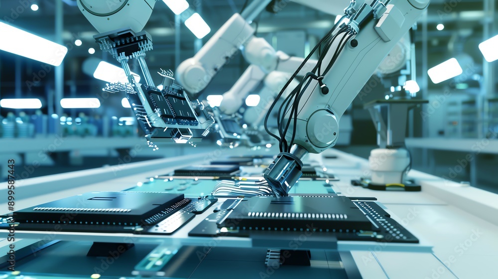 Robotic arms working on an assembly line in a high-tech factory. Robotic arms working on an assembly line in a high-tech factory.