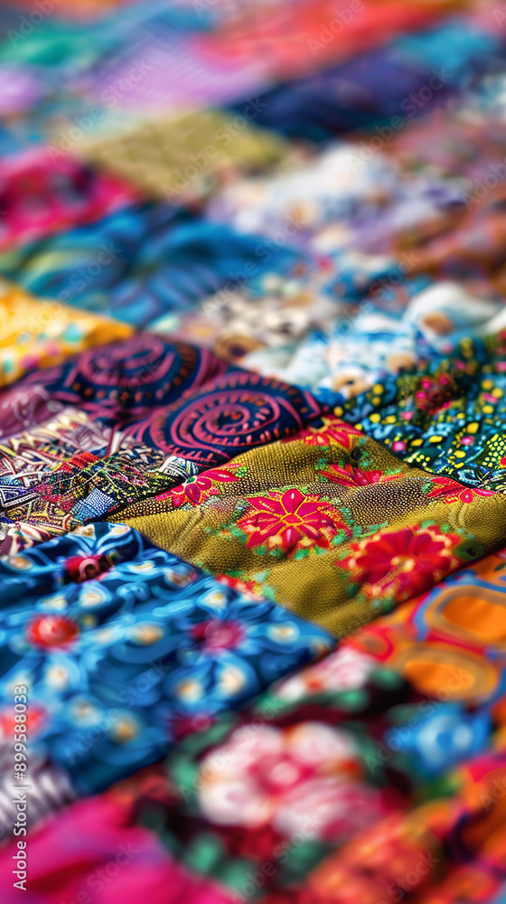 Obraz premium Handmade Quilt with Colorful Patchwork Design and Detailed Stitching